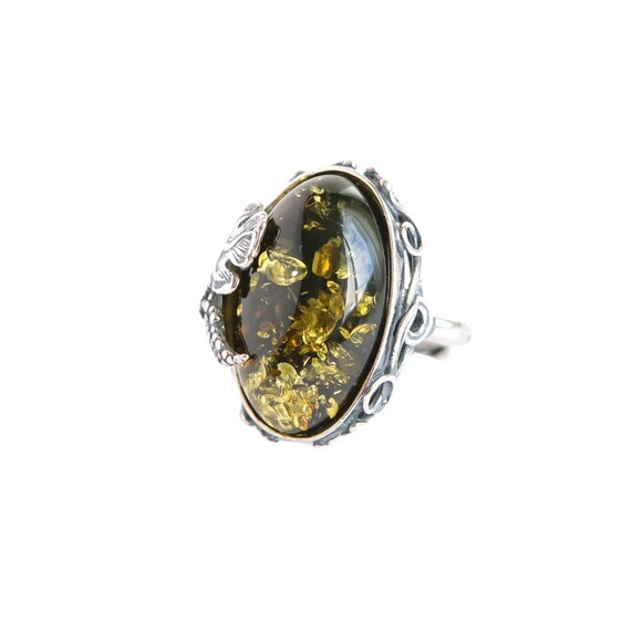 Baltic Green Amber Grape Leaf Statemnet Ring in 925 Sterling Silver - Picture 4 of 9